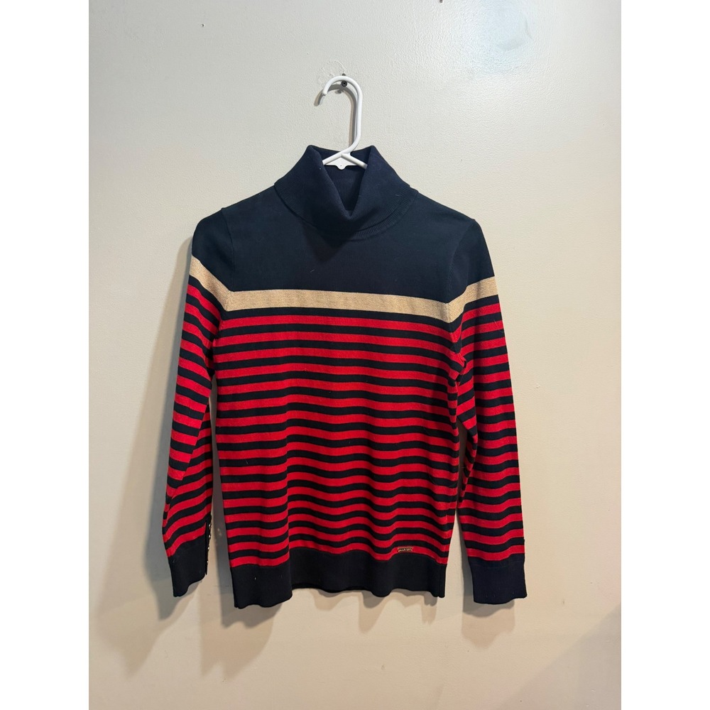 Tommy‎ Hilfiger Womens Navy Red Gold Striped Turtleneck Sweater Size M Button